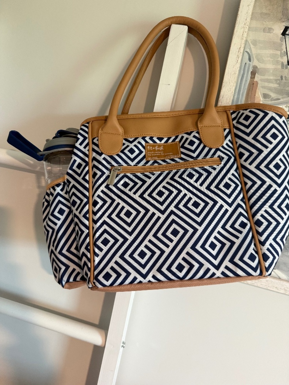 Fit + Fresh Navy & White Stripe with Tan Accent Lunch Bag with Water Bottle
